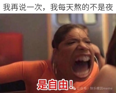 图片上方有文字“我再说一次，我每天熬的不是夜”，中间是一位穿着橙色上衣的女性，她表情愤怒，嘴巴大张，似乎在大声喊叫，图片下方有红色文字“是自由！”。这张图通过夸张的表情和文字结合，幽默地表达了年轻人对熬夜行为的另类解读，将熬夜戏称为追求自由的方式。