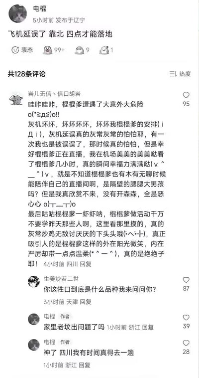 这是前英雄联盟职业选手、现主播电棍在社交平台发布的动态，吐槽自己乘坐的飞机延误，要到四点才能落地。评论区中，粉丝用夸张的卖萌叠词、谐音梗（如“灰机”代指飞机）表达对主播的关心，还分享了自己曾因看主播直播缓解机场延误焦虑的经历；另有一条评论用攻击性语言回复该粉丝，主播本人则回怼了这条攻击性评论，同时感慨四川网友的发言很“神”，整个评论区氛围充满反差感，搞笑又有火药味。
谐音梗说明：“灰机”是“飞机”的谐音，“灰常”是“非常”的谐音，属于卖萌式的发音变体。