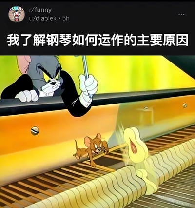 这是一张《猫和老鼠》的经典动画截图改编的梗图。图中汤姆猫穿着黑色西装，手持工具愤怒地从钢琴上方探出头，而杰瑞鼠正在钢琴内部得意地拨动琴弦，导致琴弦变形振动。图片上方配有文字"我了解钢琴如何运作的主要原因"，幽默地暗示很多人对钢琴机械原理的了解可能来自于这部经典卡通的夸张表现。