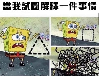 这是一张以海绵宝宝为主角的多格梗图，顶部配有文字'當我試圖解釋一件事情'。第一格中，海绵宝宝表情焦虑，双手举起，指向一个简单的虚线三角形，三角形内有几个小图形；第二格中，他表情更加困惑，指向一个虚线正方形，正方形内同样有小图形；第三格画面变得混乱，海绵宝宝被大量交织的黑色线条包围，表情近乎崩溃。整体通过海绵宝宝解释过程中从简单到混乱的场景变化，幽默地表现了人们试图解释复杂事物时越说越乱的无奈状态。