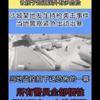 这是一张用于警示的图文内容，顶部以“让孩子知道国外有多危险”为引子，接着描述“沙城某地发生持枪袭击事件，当地警察紧急出动治暴”，最后标注“当地监控拍下这恐怖的一幕，所有警员全部牺牲”，搭配一张经过模糊马赛克处理的疑似案发现场画面，以此来渲染国外治安环境危险的氛围，向观看者传递国外不安全的观点。