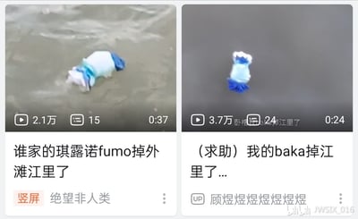 图片为两张竖屏视频缩略图的拼接，左侧缩略图中一个蓝白相间的琪露诺fumo plush玩具掉落在泥泞的江滩上，下方文字标注“谁家的琪露诺fumo掉外滩江里了”，视频数据显示2.1万播放、15条评论、时长0:37；右侧缩略图中同一fumo漂浮在江水中，下方文字标注“(求助) 我的baka掉江里了...”，视频数据显示3.7万播放、24条评论、时长0:24。两张图均带有平台用户信息，分别为“绝望非人类”和“顾煜煜煜煜煜煜煜”。