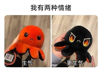 这是一张左右对比的表情包，上方配有文字‘我有两种情绪’，左侧展示的是橙色的翻面章鱼，它眉头微皱、嘴角下撇，配文‘生气’，呈现出不悦的愤怒状态；右侧是翻面后的黑色章鱼，它眉头紧皱，眼睛里带有火焰图案，愤怒的神态更为强烈，配文‘更生气’。整张图利用翻面章鱼可切换状态的特点，调侃自己只有‘生气’和‘更生气’两种情绪，生动地表现出愤怒情绪的递进，非常适合在社交场景中用来表达自己强烈的负面情绪。