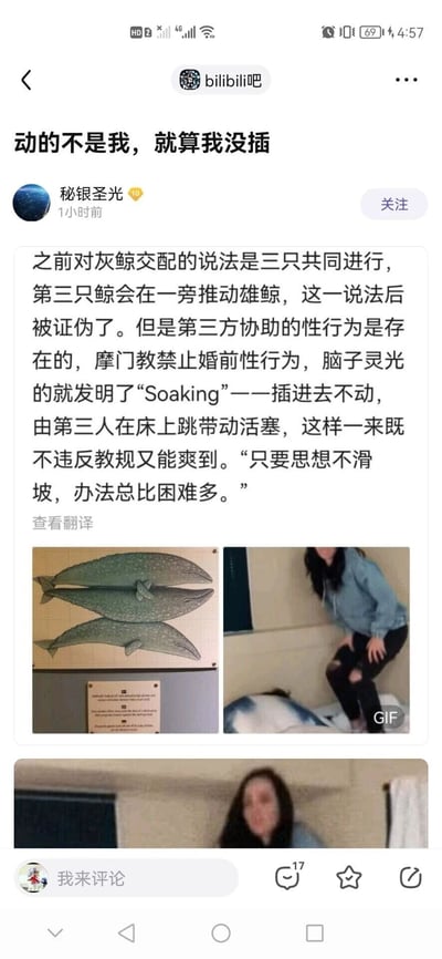 这是百度贴吧bilibili吧用户“秘银圣光”发布的一篇趣味科普类帖子，标题为“动的不是我，就算我没插”。帖子先介绍了灰鲸第三方协助交配的说法已被证伪，随后引出摩门教因禁止婚前性行为，有人发明了名为“Soaking”的规避方式：插入后保持不动，由第三人在床上跳动带动活塞，以此既不违反教规又能满足需求，最后用“只要思想不滑坡，办法总比困难多”的调侃语句收尾。帖子还搭配了三只灰鲸的插画（对应开头的灰鲸科普内容）和一段女性在床上跳动的GIF动图，图文结合来呈现内容。