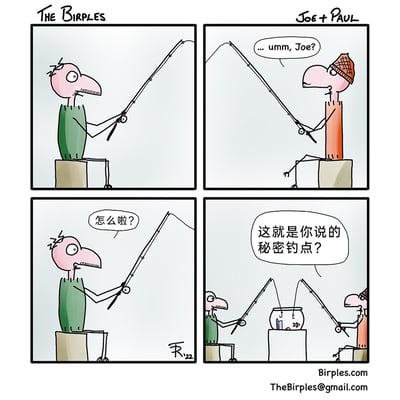 这是《THE BIRPLES》系列的四格幽默漫画，讲述了一个荒诞的钓鱼趣事：第一格中，身着绿色衣服的Joe坐在石台上，手持钓鱼竿专注钓鱼；第二格中，戴着针织帽、身着橙色衣服的Paul坐在旁边，犹豫地开口叫Joe；第三格中Joe转头，疑惑地询问Paul有什么事；第四格揭晓场景，两人的钓鱼竿都对准了中间台子上的一个小鱼缸，Paul带着无语的语气质疑Joe，这就是他所说的秘密钓点，用将鱼缸当作钓点的荒诞设定，制造出反差感十足的幽默效果。