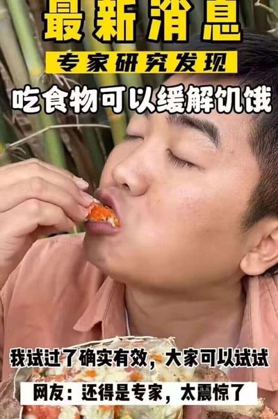 这是一张搞笑整活的网络梗图，以一本正经的“最新消息+专家研究”的形式，抛出“吃食物可以缓解饥饿”这个众所周知的废话结论，搭配图中男子闭眼享受进食的画面，再配上“我试过了确实有效，大家可以试试”的亲测话语，最后用网友调侃“还得是专家，太震惊了”收尾，通过用严肃的语气讲述毫无信息量的废话，制造反差感，达到搞笑戏谑的效果，没有双关或谐音梗。