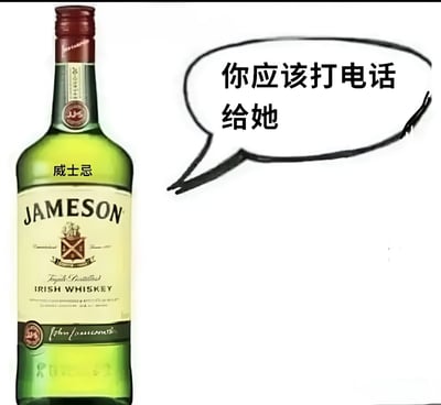 图片左侧是一瓶绿色的Jameson爱尔兰威士忌，瓶身上有品牌标志和“IRISH WHISKEY”字样，瓶身左侧标注“威士忌”。右侧有一个手绘风格的黑色语音气泡，内有文字“你应该打电话给她”。整体通过拟人化的威士忌瓶给出情感建议，带有幽默调侃的意味。