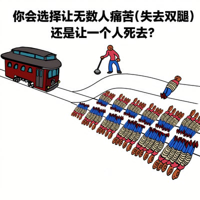 图片为卡通风格的道德困境选择题，上方文字提出问题：'你会选择让无数人痛苦(失去双腿)还是让一个人死去？'。画面左侧有一辆红色电车行驶在轨道上，轨道前方分为两条：一条轨道上整齐排列着许多双腿（象征无数人失去双腿），另一条轨道上躺着一个人。右侧有一个手持杠杆的人，正面临轨道切换的选择。整体构图清晰，通过夸张的视觉元素呈现经典电车难题的变种场景。