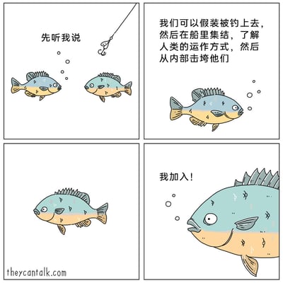 这是一幅四格连环卡通漫画，采用动物拟人的创作手法。第一格中，两条小鱼在水下看到上方的钓鱼钩，其中一条小鱼开口提议“先听我说”；第二格中，这条小鱼详细阐述了自己的计划：假装被人类钓上船，在船内集结同伴，了解人类的运作方式后从内部击垮人类；第三格中，另一条小鱼沉默着游动，似乎在思索这个计划的可行性；第四格中，一条体型硕大的鱼突然出现，兴奋地表示“我加入！”。漫画将鱼类面临被捕捉的处境转化为一场充满脑洞的反击计划，通过反差感制造出幽默搞笑的效果。