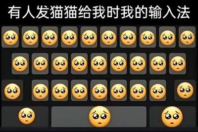 这张图片展示了一个创意输入法键盘，所有按键都被替换成了😥（悲伤但释然）表情符号。顶部文字写着"有人发猫猫给我时我的输入法"，幽默地表达了收到猫咪图片时那种激动到不知道该用什么文字回复的心情。
