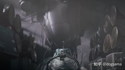 这是一幅暗黑科幻风格的场景画面，整体环境昏暗阴冷，弥漫着雾气。画面中央偏上是一个被大量管线连接的巨型舱体，前景处有一个外形类似鲸鱼的生物被固定装置牢牢束缚，处于实验状态。画面两侧对称排列着多组圆形的大型实验设备，左侧有一块显示着波形数据与数字（47.49、82.78、128.42）的监测屏幕，整个场景营造出一种神秘、压抑且充满诡异感的生物实验氛围，仿佛正在进行一项非常规的大型生物研究。