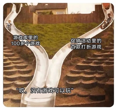 这是一张精准调侃游戏玩家矛盾心态的搞笑梗图。图片以一个分叉的户外滑梯为载体，左侧滑梯标注“游戏库里的100多个游戏”，右侧滑梯标注“促销活动里的百款打折游戏”，两个滑梯上的孩子象征着玩家可接触到的大量游戏资源；而底部配文“哎，没有游戏可以玩”，则生动呈现了很多玩家明明拥有或能获取众多游戏，却依然陷入“无游戏可玩”状态的真实又矛盾的心理，通过强烈的对比制造出诙谐的搞笑效果，引发游戏玩家的共鸣。