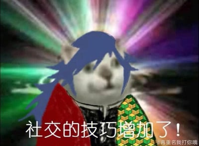 这是一张基于《鬼灭之刃》创作的搞笑 meme 图。画面中央是一个融合了伊之助特征的猫脸角色，有着蓝色短发和兽耳，身穿红色披风与绿色菱形图案的羽织。背景为彩色放射状光芒，营造出“能力觉醒”的夸张效果。底部配有白色文字“社交的技巧增加了！”，通过角色原本粗犷的形象与“社交技巧”的反差制造幽默，暗示角色突然掌握了社交能力。