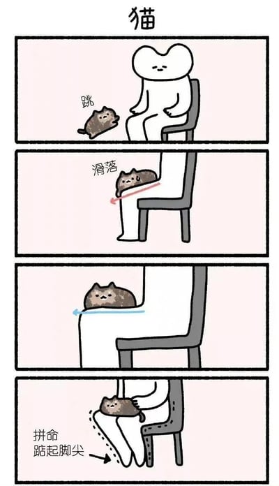 四格连环漫画，标题为“猫”。第一格：白色人形角色坐在椅子上，一只小猫标注“跳”向其腿部跳跃；第二格：小猫标注“滑落”并伴随红色箭头，显示从角色腿部向下滑动；第三格：小猫位于角色膝盖处，蓝色箭头指示位置；第四格：角色“拼命踮起脚尖”（文字标注），弯腰用手托住小猫。整体展现了小猫尝试跳上人类腿部却滑落，最终人类配合踮脚接住它的温馨互动场景。