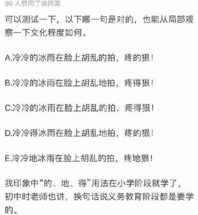 图片为一道中文语法测试题，核心是考查“的、地、得”的正确用法。题目引用歌词“冷冷的冰雨在脸上胡乱的拍，疼得狠！”设计了A至E五个选项，每个选项中“的、地、得”的位置和搭配各不相同。图片上方显示“96人赞同了该回答”，下方配有说明文字：“我印象中‘的、地、得’用法在小学阶段就学了，初中时老师也讲，换句话说义务教育阶段都是要学的。” 整体通过选择题形式引发对基础语法知识掌握情况的讨论。