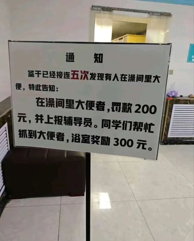 图片中展示了一块立在澡堂内的通知牌，背景为白色墙壁和瓷砖地面，远处可见门框和部分室内设施。通知内容显示因接连五次发现有人在澡间大便，故规定：在澡间大便者罚款200元并上报辅导员，而协助抓到大便者的同学可获得浴室300元奖励。内容因罚款与奖励金额倒挂形成幽默反差，引发对不文明行为管理方式的调侃。