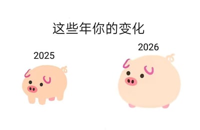 图片通过左右对比展示了2025年和2026年的小猪形象变化。左侧2025年的小猪体型较小，身体呈椭圆形，耳朵和鼻子为粉色；右侧2026年的小猪则明显变得圆润肥胖，体型增大近一倍，同样保持粉色耳朵和鼻子的特征。标题“这些年你的变化”以幽默方式暗示这种体型增长可能象征着时间推移带来的生活状态或体重变化。