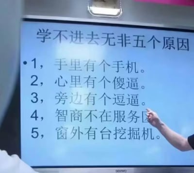 这是一张课堂或讲座场景的屏幕截图，展示了一块电子白板上的幽默内容。白板上用黑色字体列出“学不进去无非五个原因”，具体包括：1.手里有个手机；2.心里有个傻逼；3.旁边有个逗逼；4.智商不在服务区；5.窗外有台挖掘机。画面右侧有一只手正指向这些文字，整体风格轻松诙谐，用接地气的语言调侃了学生学习时常见的分心状况，引发共鸣。