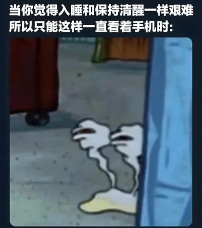 这张图描述了当你觉得入睡和保持清醒一样困难，只能无聊地盯着手机的情景。配图为海绵宝宝动画里的角色表情包，角色双目无神、宛如灵体，表现极度疲惫和消极，看手机到灵魂出窍的夸张幽默。整图暗示了现代人因失眠而陷入刷手机的循环，非常容易让年轻人共鸣。

此梗图以动画截图和文字结合，具有搞笑且带有一丝自嘲的气氛。