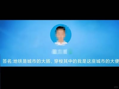 这是一张社交媒体个人主页的横屏屏幕截图，页面背景为浅蓝色，顶部的用户头像与昵称均经过马赛克模糊处理，无法识别具体信息。页面下方清晰展示了用户设置的个人签名：“地铁是城市的大肠，穿梭其中的我是这座城市的大便”。该签名运用荒诞、自嘲的比喻手法，将城市地铁系统类比为人体大肠，把每日乘坐地铁通勤的自己比作大便，以黑色幽默的方式抒发了当代年轻人在日常通勤中感受到的疲惫、麻木与自我调侃的情绪。图片右下角带有小红书平台的水印，表明该截图来源于小红书平台。
