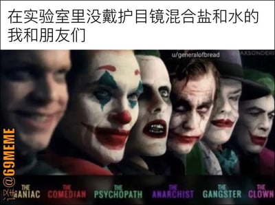 这是一张典型的表情包梗图，调侃在实验室里不遵守安全规范的“勇士们”。上方有一段中文文字：“在实验室里没戴护目镜混合盐和水的我和朋友们”，配图下方则用英文将主角们归类为『MANIAC（疯子）』『COMEDIAN（笑匠）』『PSYCHOPATH（精神变态）』『ANARCHIST（无政府主义者）』『GANGSTER（黑帮分子）』『CLOWN（笑话）』等，嘲讽这些在实验室不戴护目镜操作的行为如同一支“危险分子”小队。整体气氛轻松搞笑，有调侃和自嘲意味。

标签中的这些称谓，以夸张手法表示行为的“不理智”或“鲁莽”。

图中没有明显的双关或谐音梗，但有一点讽刺与自黑成分，表现科学实验中的安全疏忽。