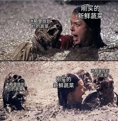 这是一张由两张影视截图拼接而成的搞笑梗图，上半部分展示了代表“刚买的新鲜蔬菜”的惊恐女性被一个代表“冰箱里放到烂的蔬菜”的怪物纠缠；下半部分则是该女性被多个代表“冰箱里放到烂的蔬菜”的怪物从四面八方包围，生动形象地调侃了很多人在囤菜时的常见状况：明明买了新鲜蔬菜，却总是忘记食用，反而被之前放到烂的蔬菜“占据主导”，最终新鲜蔬菜也难逃被放烂的命运，非常贴合日常囤菜浪费的生活场景，充满了搞笑又扎心的反差感。