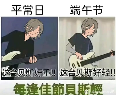 这是一张左右对比的二次元梗图，左侧呈现平常日的场景：动画《少女乐队的呐喊》中的贝斯手鲁帕面露疲惫，配文“这台贝斯好重!!”；右侧呈现端午节的场景：鲁帕面带轻松笑意，配文“这台贝斯好轻!!”。底部配有核心玩梗文字“每逢佳节贝斯轻”，该内容改编自经典诗句“每逢佳节倍思亲”，用谐音梗调侃节日带来的好心情让身体的负担感大幅降低，将贝斯手的日常和节日状态对比，十分搞笑。