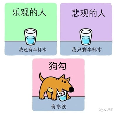 这是一张由三个板块组成的卡通趣味梗图，左上绿色板块呈现乐观的人面对半杯水的心态，配文“我还有半杯水”，传递出积极知足的态度；右上紫色板块是悲观的人面对同一杯半杯水的心态，配文“我只剩半杯水”，体现出消极惋惜的情绪；下方粉色板块则是卡通狗狗的反应，狗狗正低头用嘴拱翻装着半杯水的杯子，配文“有水诶”，用狗狗单纯直接、只关注“有水”并付诸行动的状态，与人类两种不同的心态形成反差，制造出幽默治愈的效果，调侃了人类复杂的情绪心态与动物简单纯粹的行为逻辑的区别。