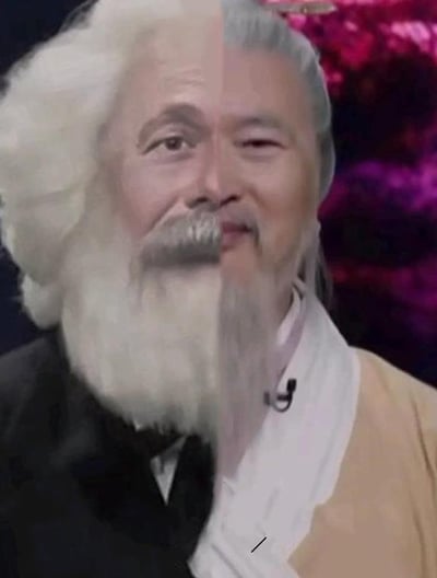 图片展示了一位古装老者的面部特写，脸部从中间分为左右两半。左侧头发和胡须更为蓬松洁白，右侧则相对自然呈灰白色，形成鲜明对比。背景为模糊的紫色调抽象图案，整体给人一种幽默的视觉效果。