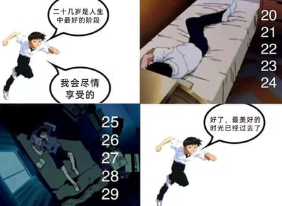 这是一张由《新世纪福音战士》角色碇真嗣的原作截图拼接而成的四格梗图，精准刻画了当代年轻人二十岁年龄段的心境变化：第一格中，充满干劲的碇真嗣满怀期待地表示“二十几岁是人生中最好的阶段，我会尽情享受的”；第二格对应20至24岁，碇真嗣趴在床上，呈现出躺平摆烂的颓废状态；第三格对应25至29岁，他在床上辗转反侧，看起来迷茫又焦虑；第四格中，他重新奔跑起来，却怅然地说“好了，最美好的时光已经过去了”。整幅图用动漫角色的反差场景，戳中了许多人二十岁前半段浑浑噩噩、后半段依旧迷茫，等反应过来便觉青春已逝的真实心境，充满自嘲与共鸣感。