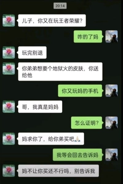 这是一张微信聊天记录的竖屏截图，对话发生在哥哥和弟弟之间。弟弟偷偷用妈妈的微信给哥哥发消息，先以妈妈的口吻询问哥哥是否在玩《王者荣耀》，接着让哥哥玩完别退，要送给弟弟地狱火的皮肤。哥哥立刻识破是弟弟在玩妈妈的手机，弟弟试图辩解自己是妈妈，在哥哥要求证明时，弟弟用妈妈的语气恳求哥哥买皮肤，哥哥表示要回去告诉妈妈，弟弟情急之下说出“妈不让你买还不行吗，别告诉我”，彻底暴露了自己的真实身份，整个对话充满了家庭日常的趣味和搞笑感，展现了兄弟间的小互动。