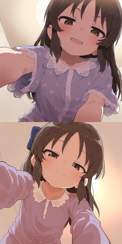 这是上下拼接的两张AI生成二次元插画，图中是两位不同造型的软萌少女，都穿着浅紫色带蕾丝装饰的居家服，脸颊泛红带着害羞的神情，身体前倾做出要拥抱的姿势，氛围温馨又软乎乎的，无特殊双关或谐音梗。