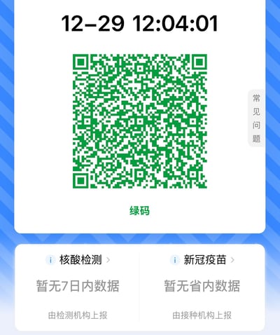 这是一张防疫健康码的手机界面截图，顶部显示时间为12-29 12:04:01，中间是绿色的健康码二维码，下方标注“绿码”；界面下方分为两个区域：左侧核酸检测板块显示“暂无7日内数据”，说明用户7天内未进行核酸检测，数据由检测机构上报；右侧新冠疫苗板块显示“暂无省内数据”，说明用户在该省内没有新冠疫苗接种记录，数据由接种机构上报；界面右侧还有“常见问题”按钮，用于解答用户相关疑问。本图无谐音梗、双关或暗示内容。
