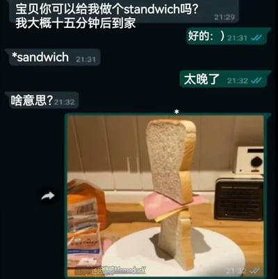 这是一张在中文社交平台广泛传播的趣味梗图，整体为即时通讯聊天记录形态：首先是一方误将三明治的英文“sandwich”拼写为“standwich”，告知对方自己十五分钟后到家，请求对方帮忙制作；对方首先回复答应，在前者纠正拼写错误后，回复“太晚了”，当前者疑惑询问含义时，对方发出一张实拍图：将两片面包竖直摆放，中间夹着火腿和芝士，做出“站立”状态的“standwich”，完美对应拼写错误里的“stand（站立）”词义，利用拼写错误玩谐音梗，反差感十足，笑点巧妙。