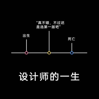 这是一张以自嘲为基调的设计师职场梗图，采用极简的时间轴形式构建“设计师的一生”：画面中的时间轴标注了三个节点，从出生开始，人生的核心事件被设定为收到需求方“真不错，不过还是选第一版吧”的反馈，最终走向死亡。通过这种夸张且精准的提炼，将设计师工作中反复修改方案、最终却被选用最初版本的无奈与心酸具象化，用幽默的方式引发设计师群体的强烈共鸣，是对职场常见糟心经历的精准吐槽。