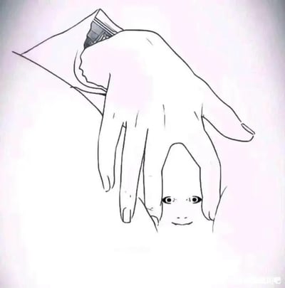 这是一幅利用视觉错位原理创作的静态线稿单图，画面中一只手呈特定姿势放置在半张人脸的上方，左上角还有一个信封图案。从整体视角观察时，手的轮廓、下方的半张脸与信封会共同构成一个完整的人脸错觉：手的手指区域仿佛是人脸的鼻子与嘴部，信封则像是人脸的头发部分，通过巧妙的构图营造出趣味的视觉欺骗效果，没有双关、谐音梗或其他暗示内容。