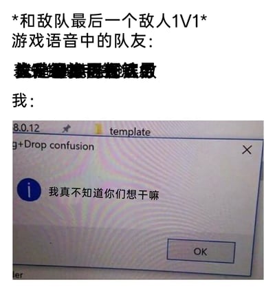 这是一张吐槽游戏队友的搞笑梗图，设定了和敌队最后一人1V1的紧张游戏场景：此时游戏语音里的队友发出被打码的嘈杂内容，疑似在乱指挥或者发出干扰信息，而“我”的心态则用一个软件报错弹窗来表现，弹窗中的文字“我真不知道你们想干嘛”精准传达了被队友干扰后，既无奈又困惑的心情，完美还原了不少玩家在游戏中遇到不靠谱队友时的崩溃心态。