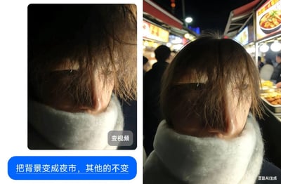 左侧为原始图像，人物面部被凌乱的棕色头发和白色围巾部分遮挡，背景较暗，下方有“变视频”灰色按钮及蓝色背景白色文字“把背景变成夜市，其他的不变”；右侧为经AI编辑后的图像，人物姿态和遮挡状态完全一致，背景替换为热闹的夜市场景，可见红色顶棚的小吃摊位、亮着的灯泡、模糊的行人和远处的路灯，展现了背景替换技术在保持主体不变情况下对场景氛围的改变。