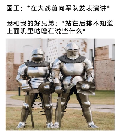 这是一张图文结合的搞笑共鸣梗图，上方文字构建了一个古代战前场景：国王正在军队前发表动员演讲，而站在后排的“我和我的好兄弟”因为被全包裹的盔甲挡住头部，完全听不到国王的讲话内容。下方配图是两名穿戴完整金属盔甲的士兵，他们拄着剑站在户外的砖石建筑前，盔甲将头部严严实实地包裹住，完美呼应了文字里“听不到演讲”的设定。该梗图用古代士兵的场景，调侃了现实中类似职场开会、集体活动时，后排人摸鱼、听不懂也无心聆听前方讲话的状态，精准戳中大众的摸鱼共鸣点，风格轻松搞笑。