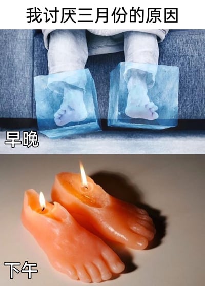 这是一张用于吐槽三月天气的上下对比梗图，顶部配有标题“我讨厌三月份的原因”。上图展示了一双人的脚被冻在冰块之中，旁边标注文字“早晚”，用夸张的画面表现三月早晚气温极低、寒冷难耐的状态；下图是做成脚形状的正在燃烧的蜡烛，旁边标注文字“下午”，以此调侃三月下午气温快速升高、燥热的特点，通过这种极端的对比，生动地体现出三月气温温差极大的天气特征，引发人们对这类天气的共鸣。
