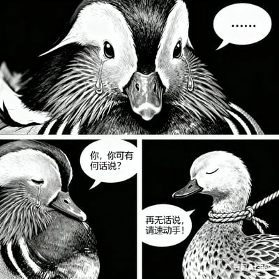 该图为三格黑白连环漫画，以鸳鸯为主体演绎“苦命鸳鸯”梗。上格是鸳鸯特写，双眼垂泪，表情悲伤；左下格鸳鸯低头流泪，对话框写“你，你可有何话说？”；右下格鸳鸯脖颈被绳索缠绕，闭眼回应“再无话说，请速动手！”。通过动物拟人化再现了原梗的悲剧对话场景。