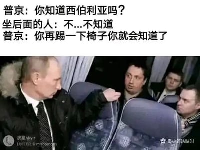 这是一张图文混排的搞笑梗图，上方配有三段模拟对话文字，构建了普京与后排乘客的互动场景：普京询问乘客是否知晓西伯利亚，乘客表示不知道，普京随即用调侃的语气警告“你再踢一下椅子你就会知道了”，借助西伯利亚偏远寒冷的地域特点，以幽默的方式讽刺公共场合中后排乘客踢前排椅子的不文明行为。下方是一张普京在飞机上的真实照片，照片中普京表情严肃，手指向后方的乘客，该照片原本的场景与对话无关，是网友后期搭配搞笑文字进行二次创作，利用名人的身份增强梗图的趣味性和传播力。
