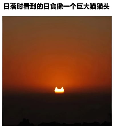 图片展示了一幅日落场景，天空呈现出从深橙到浅棕的渐变色彩，地平线处有一个被部分遮挡的太阳，其形状因日食而呈现出类似猫猫头的轮廓，顶部有两个明显的尖角如同猫耳朵。图片上方配有文字“日落时看到的日食像一个巨大猫猫头”，以幽默的方式指出太阳形状与猫猫头的相似性。