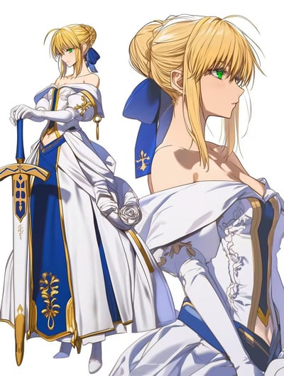 这是一幅《Fate》系列角色阿尔托莉雅·潘德拉贡（Saber）的同人插画，画面展示了角色的两种呈现视角：左侧为全身立绘，她身着蓝白配色的露肩礼服，礼服带有精致的金色纹饰，手持象征其身份的誓约胜利之剑（Excalibur），站姿端庄挺拔；右侧为半身特写，清晰展现了礼服的蕾丝细节、角色的露肩设计，以及她清冷沉静的侧颜。整体画风细腻华丽，蓝白金的配色凸显出角色兼具骑士的威严与贵族的优雅气质。
