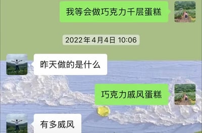 这是一张2022年4月4日10:06的聊天记录截图，背景为海浪图片。对话围绕烘焙展开：一方告知对方自己接下来要做巧克力千层蛋糕，对方询问前一天做的蛋糕种类，得到“巧克力戚风蛋糕”的回复后，玩起谐音梗，将“戚风”谐音为“威风”，提问“有多威风”，制造出轻松搞笑的互动效果。对话双方的头像分别是田野小路上行走的人物和站在高处张开双臂的人物，气泡分为绿色和白色两种。