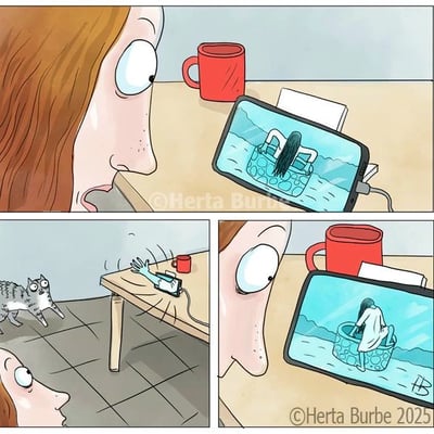 这是一幅三格连环漫画：第一格，红头发女生坐在桌前，满脸惊讶地看着桌上的手机，手机屏幕里显示一个人背对着镜头，坐在泡在水里的洗衣篮中；第二格，女生被这一幕吓得从椅子上摔落到地面，旁边的猫咪一脸惊讶，爪子碰到了桌上的手机，导致手机翻倒；第三格，女生凑到桌前，看着翻倒后屏幕朝上的手机，此时手机里的画面变成了那个人正对着镜头坐在洗衣篮里，原来之前的背影是因为手机竖放的视角导致的，猫咪的意外触碰让手机角度改变，画面也随之“反转”，制造出搞笑的乌龙效果。