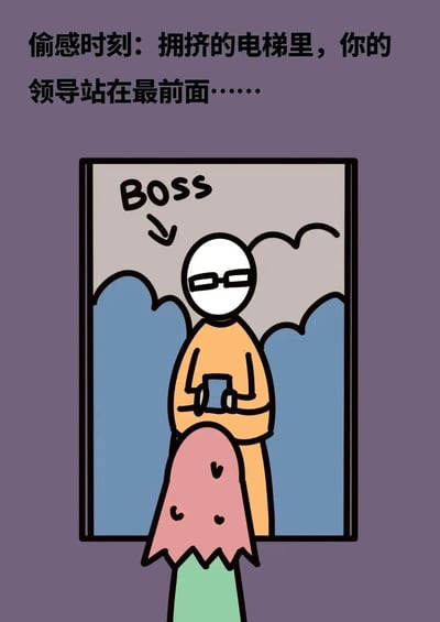 这是一幅展示“偷感”场景的原创简笔漫画，整体背景为淡紫色，画面顶部标注文字说明“偷感时刻：拥挤的电梯里，你的领导站在最前面……”；中间漫画区域绘制了拥挤的电梯内部，戴眼镜标注为“Boss”的领导站在电梯前排低头看手机，普通员工被挤在领导正后方，完美还原了职场人在电梯偶遇领导时，小心翼翼、局促不安害怕被注意的“偷感”状态，容易引发职场人群的共鸣。