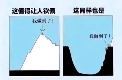 图片为左右两栏对比的静态图文混排图。左栏画面中，一个简笔画人物站在陡峭的白色山峰顶端，双臂张开，上方配有文字“我做到了！”，顶部标题为“这值得让人钦佩”；右栏画面中，一个简笔画人物正从深黑色的坑洞中爬出，头部露出洞口，旁边配有文字“我做到了！”，顶部标题为“这同样也是”。两栏通过对比展现了无论是攀登高峰还是走出低谷，达成目标的行为都值得认可。