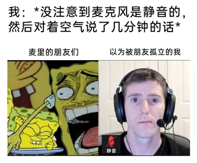 这是一张左右分栏的拼接梗图，顶部文字清晰描述了一个线上沟通时的社死场景：当事人没注意到麦克风处于静音状态，对着空气自顾自说了好几分钟话。左栏是截取自动画《海绵宝宝》的夸张画面，标注为“麦里的朋友们”，画面中的海绵宝宝角色呈现出抓狂、震惊的夸张神态，生动表现出朋友们发现当事人麦克风静音却不自知时的崩溃心态；右栏是戴着耳机的真人截图，下方配有红色的“静音”图标，标注为“以为被朋友孤立的我”，人物表情呆滞、眼神空洞，精准还原了当事人说话未得到回应，误以为被朋友孤立时的尴尬、失落与无语。整张梗图通过画面与文字的结合，精准戳中线上沟通中因麦克风静音引发的社死瞬间，极易引发有类似经历的人的共鸣。