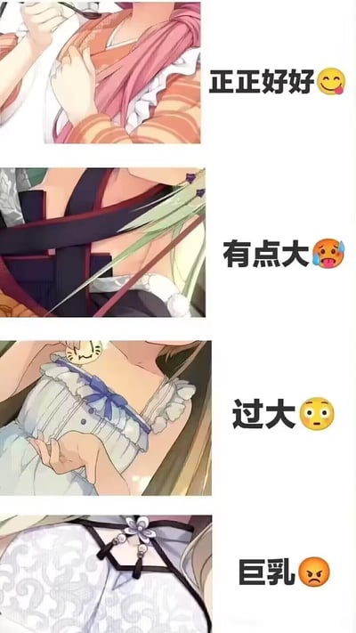 这是一张四格竖版对比梗图，通过不同动漫女生角色的胸部大小进行幽默夸张的对比。从上到下依次为：粉色头发女生配文“正正好好😋”，表情满意；绿发女生配文“有点大🥺”，表情困扰；金发女生配文“过大😧”，表情惊讶；最后一位女生配文“巨乳😠”，表情不满。每格图片都聚焦于角色上半身，通过服装和姿态暗示胸部尺寸差异，并搭配对应情绪的emoji增强表现力。
